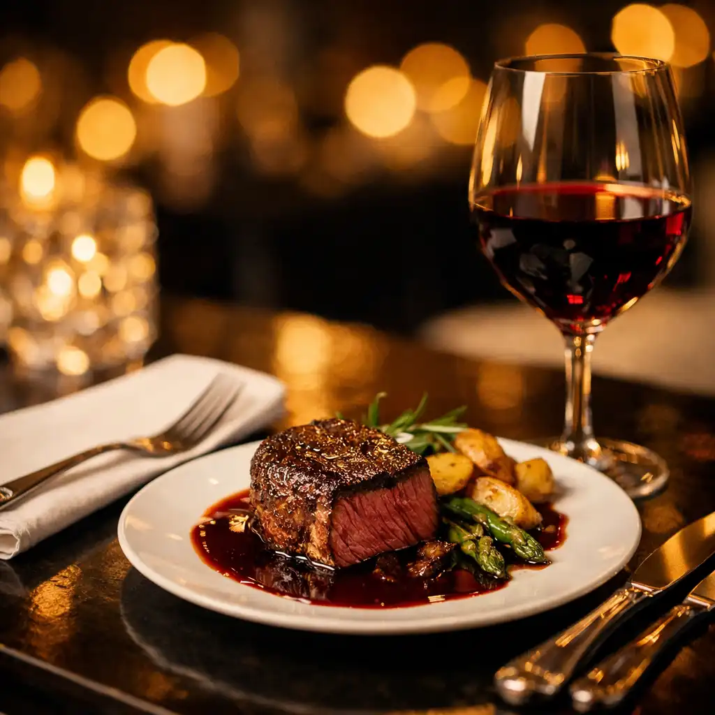 Elegánsan megterített asztal prémium steakkel, vörösborral és ezüst evőeszközökkel