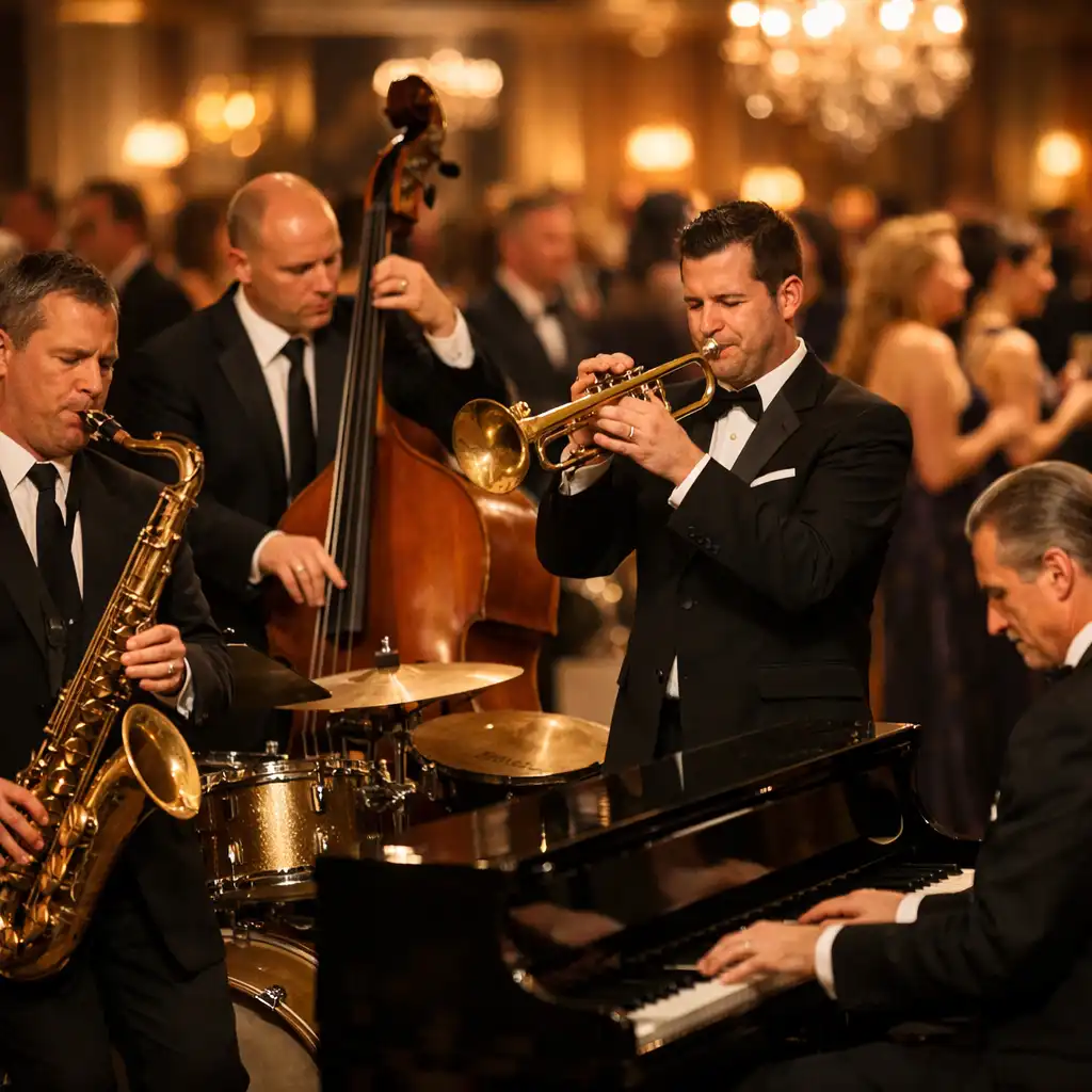 Élő jazz zenekar játszik sötét öltönyben egy gálaeseményen
