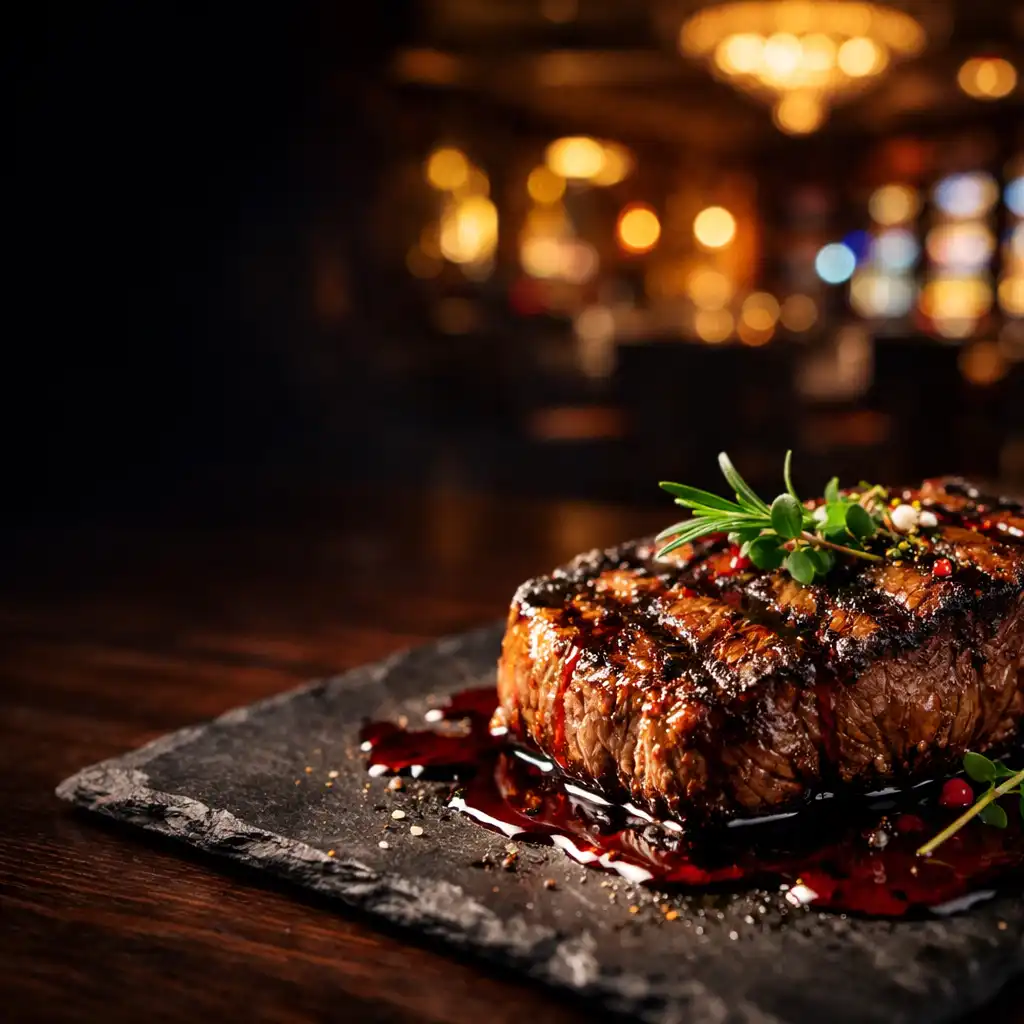 Prémium steak étel sötét tányéron, elegáns étteremben