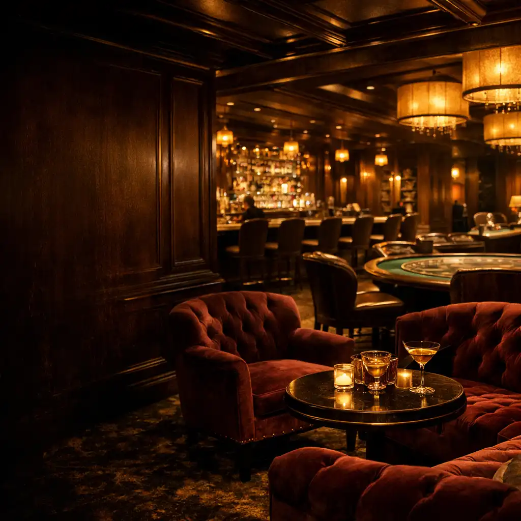 Az Etelterasz Kaszino Lounge elegáns belső tere játékasztalokkal és bárpulttal