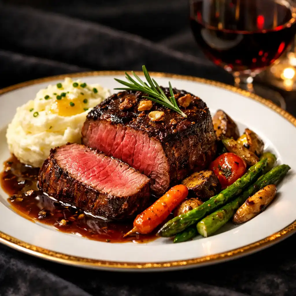 Elegánsan tálalt prémium steak étel zöldségekkel és burgonyapürével