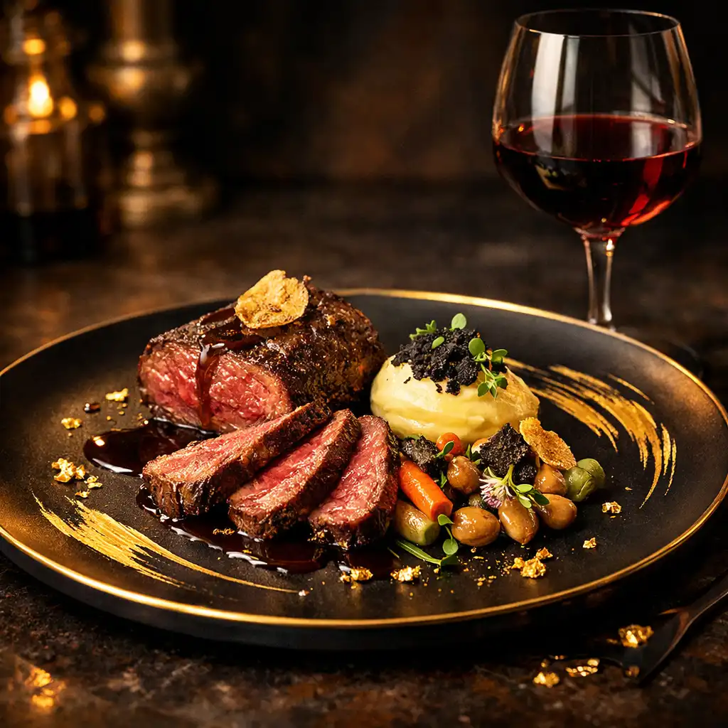 Prémium steak művészi tálalásban, vörösborral, sötét elegáns háttér előtt