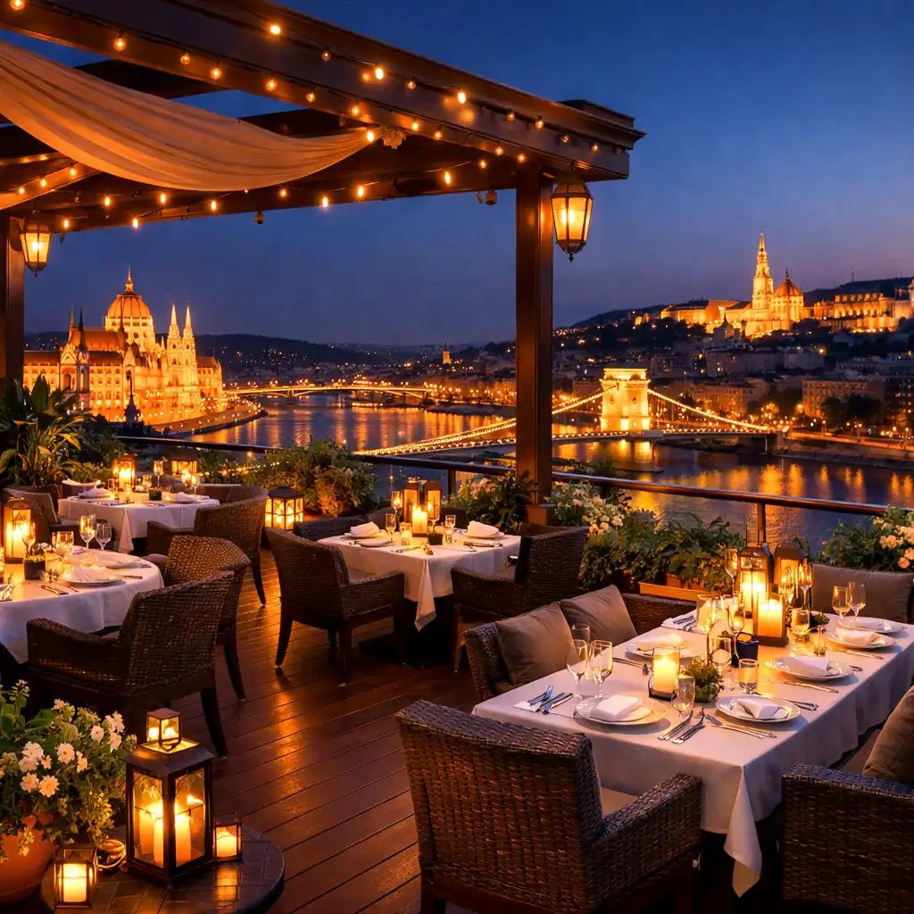 A Terasz Rendezvényterem panorámás kilátással Budapestre, esti fényekkel