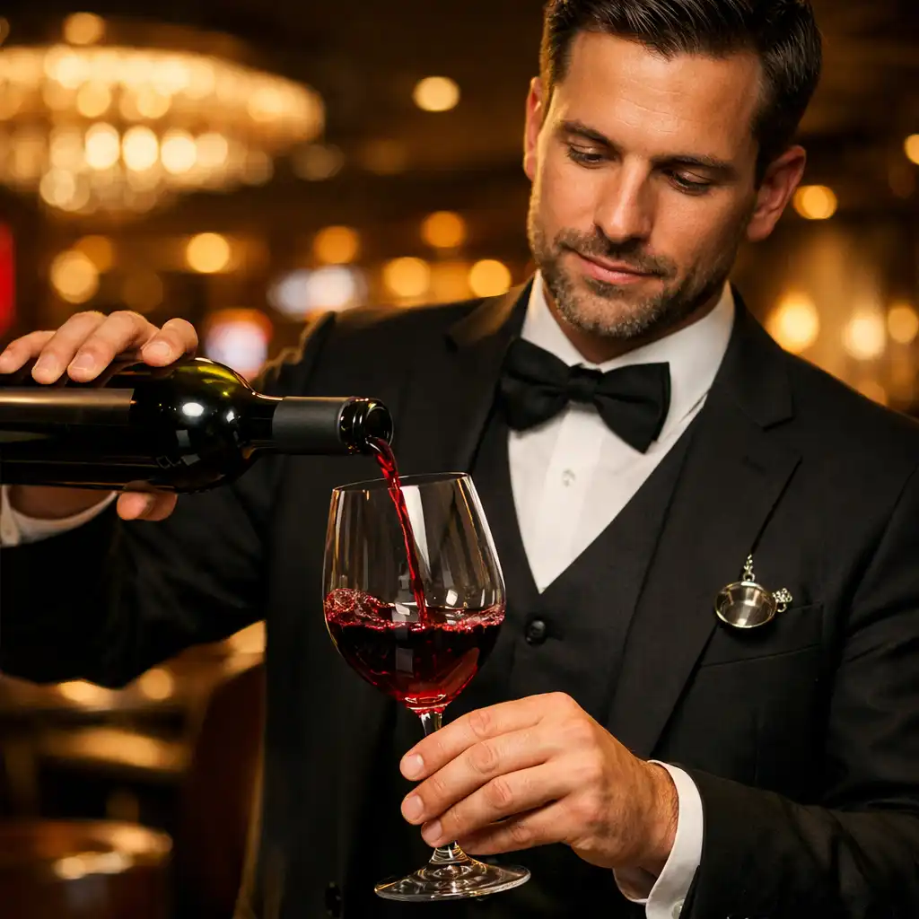 Elegáns sommelier bort tölt egy kristálypohárba exkluzív étteremben, meleg arany világítással