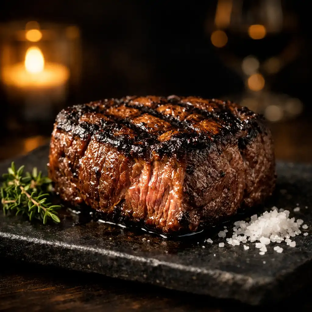 Grillezett Angus bélszín fekete kőlapon, kakukkfűvel