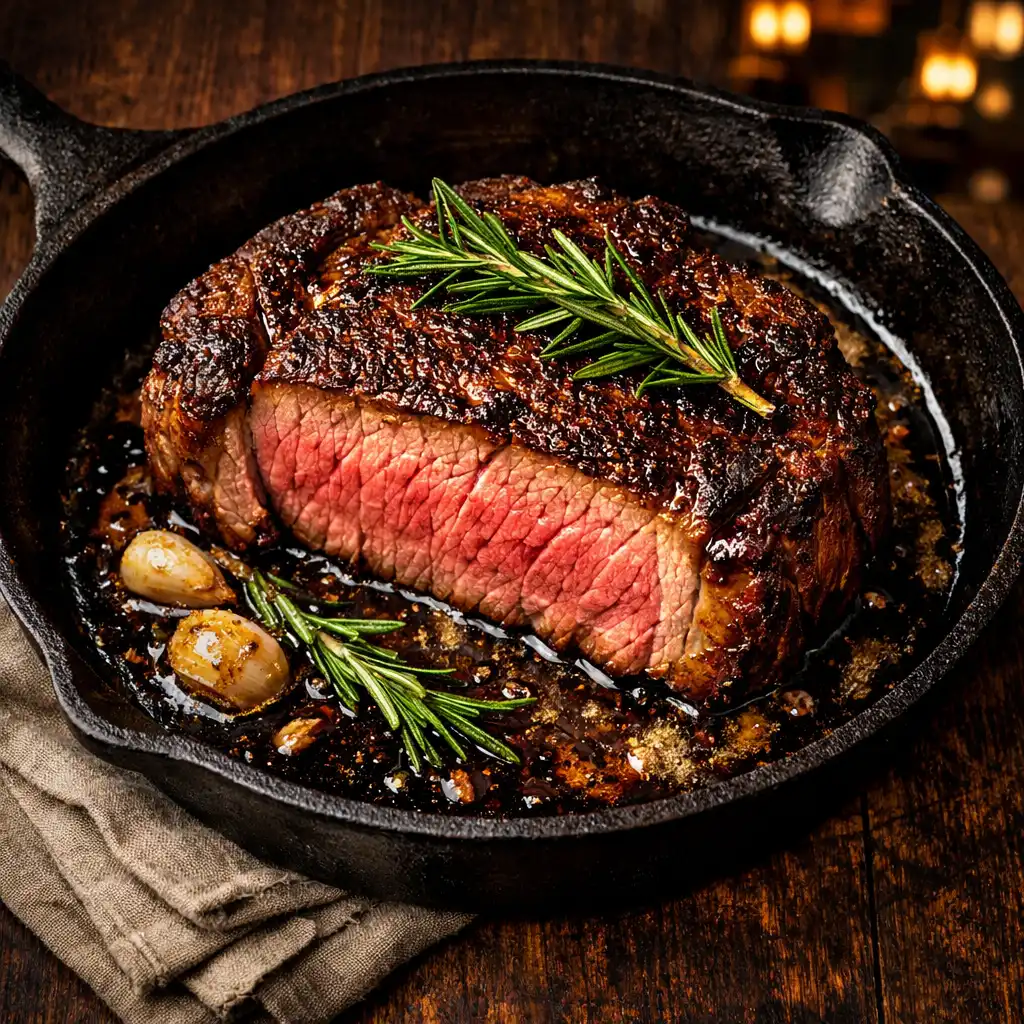 Vastag ribeye steak öntöttvas serpenyőben, rozmaringgal