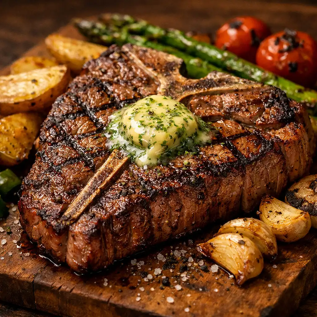Klasszikus T-bone steak fa vágódeszkán, sült zöldségekkel