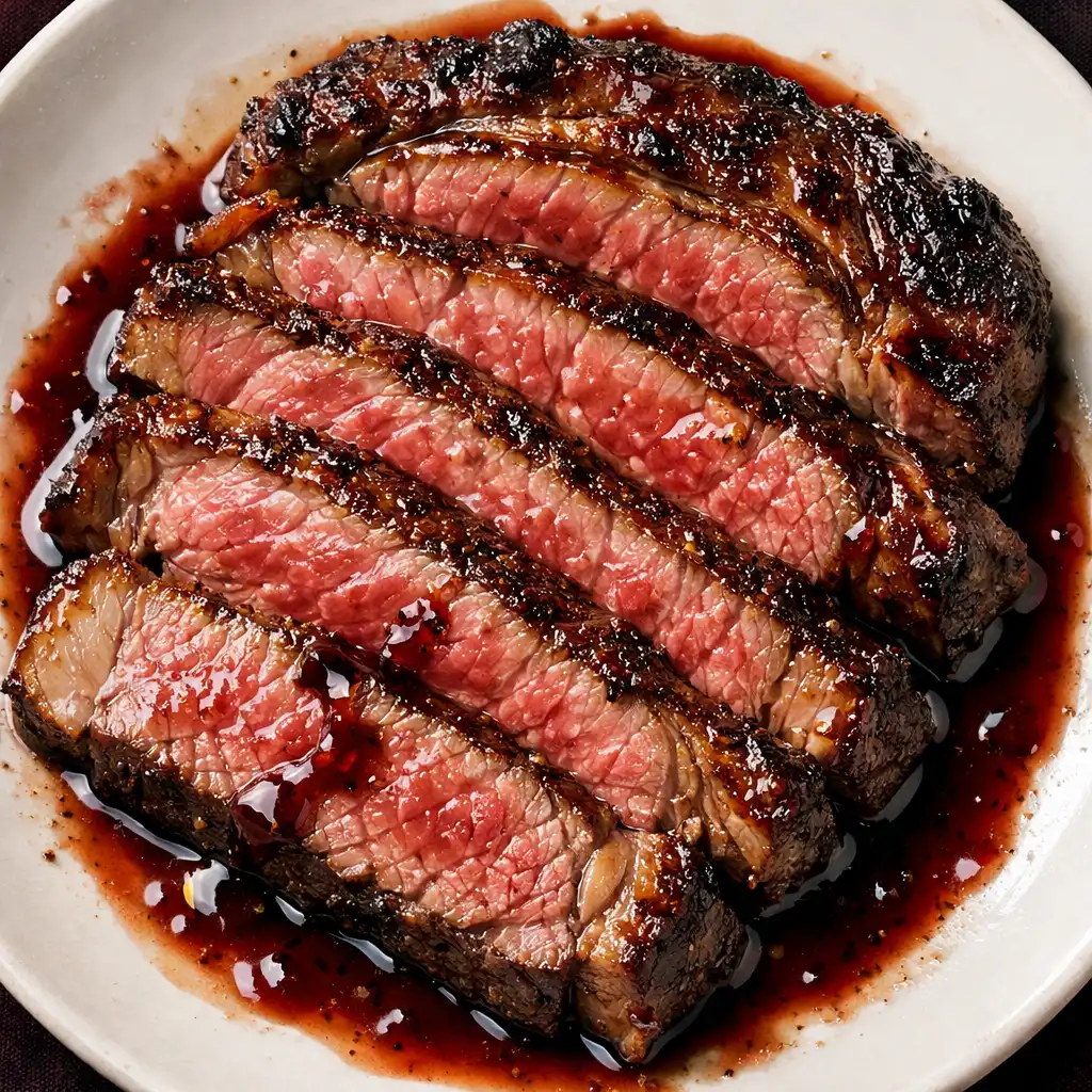 Szeletelt Wagyu ribeye steak fehér kerámia tányéron, vörösboros jus-vel